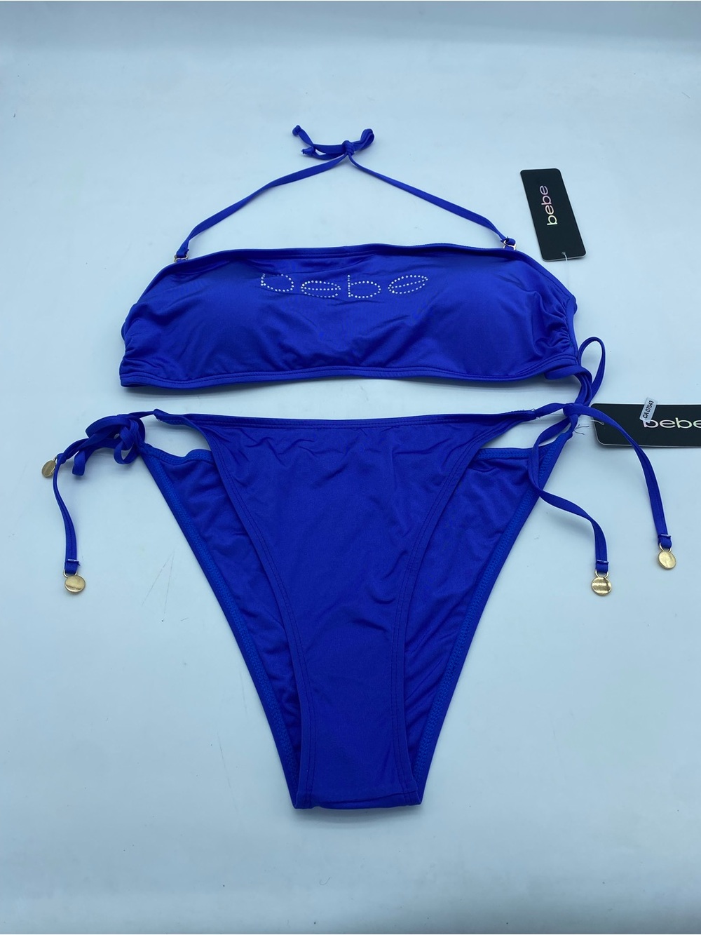 bebe Cobalt Blue Bandeau Rhinestone Logo Bikini Set